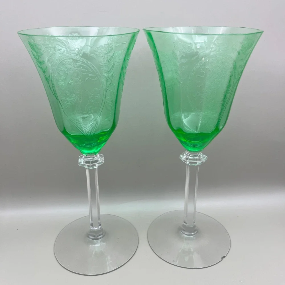 European‎ Uranium Hock Wine Goblets Etched Classic Lady Putto Green Set As Is